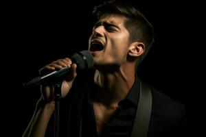 hermoso hombre con micrófono canto músico artista retrato. generar ai foto