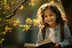 contento pequeño niña leyendo libro en otoño parque. generar ai foto