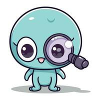 Cute blue eye character with magnifying glass cartoon vector illustration.