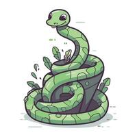 Cute cartoon snake with green leaves. Vector illustration isolated on white background.