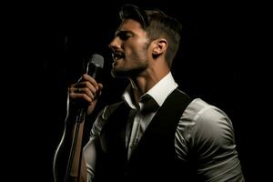 Handsome man with microphone singing music. Generate Ai photo
