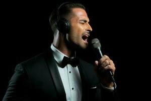 Handsome man with microphone singing. Generate Ai photo