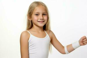 Girl with sticking plaster on arm after vaccination. Generate Ai photo