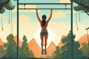 Happy woman doing pull-ups outdoor illustration. Generate Ai photo