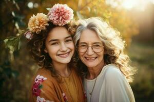 Happy mature mother and her daughter outdoors affection. Generate Ai photo