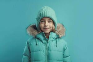 Portrait of boy in blue winter clothes. Generate ai photo