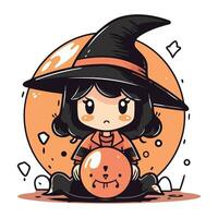 Cute little witch girl with a magic ball. Vector illustration.