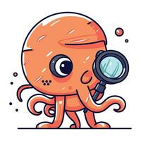 Octopus with magnifying glass. Vector illustration in cartoon style.