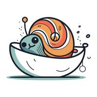 Cute cartoon snail in a bowl. Vector illustration. Isolated on white background.