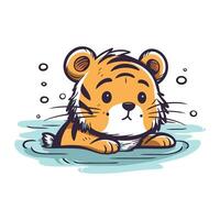 Cute cartoon tiger in water. Vector illustration isolated on white background.