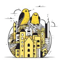 Cityscape with birds and buildings. Vector illustration in doodle style.