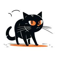 Cute black cat with orange eyes. Vector illustration on white background.