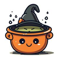 Cute Halloween Witch Pot Cartoon Mascot Character Vector Illustration