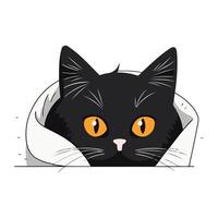 Cute black cat in the bed. Vector illustration on white background.