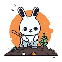 Cute cartoon rabbit with shovel in the garden. Vector illustration.