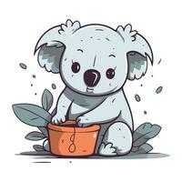 Cute koala holding a pot with water. Vector illustration.