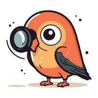 Vector illustration of a cute cartoon bullfinch with magnifying glass.