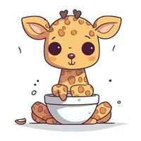 Cute baby giraffe eating from a bowl. Vector illustration.
