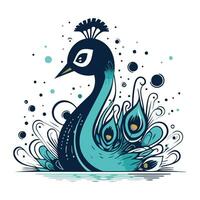 Peacock with peacock feather. Hand drawn vector illustration.