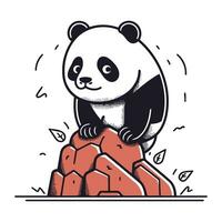 Cute panda sitting on the rock. Vector hand drawn illustration.