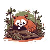 Cute red panda sleeping in the jungle. Vector illustration.