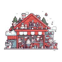 Papa Noel claus y monigote de nieve en frente de un tienda. vector ilustración.