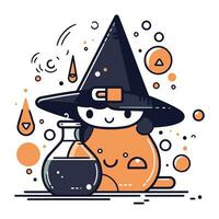 Cute little witch with a potion. Vector illustration in flat style.