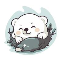 Cute polar bear sleeping on a tree branch. Vector illustration.