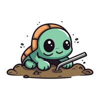 Cute cartoon turtle is digging in the ground. Vector illustration.