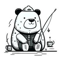 Cute cartoon bear sitting on the ground with a fishing rod. Vector illustration.