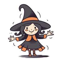 Cute little witch. Vector illustration in cartoon style on white background.
