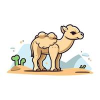 Camel on the sand. Vector illustration in flat cartoon style.