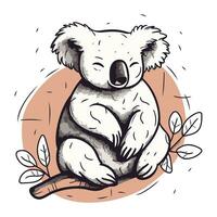 Cute cartoon koala sitting on a branch with leaves. Vector illustration.