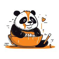 linda panda sentado en un cuenco con alimento. vector ilustración.