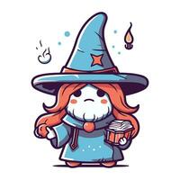 Cute little witch with magic book. Vector illustration in cartoon style.