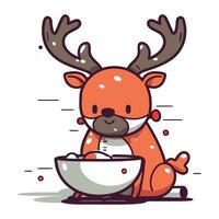 Cute Reindeer with bowl of soup. Vector illustration.