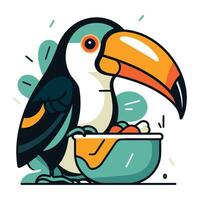 Toucan with bowl of food. Vector illustration in flat style.