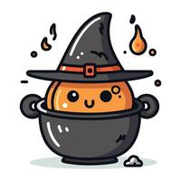 Cute Halloween witch cauldron with pumpkin and hat. Vector illustration.