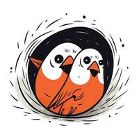 Two cute little birds sitting in the circle. Hand drawn vector illustration.