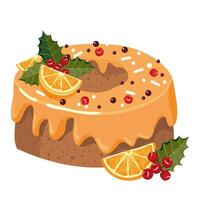 Christmas orange cupcake with decoration of orange slices and holly . Illustrated vector clipart.