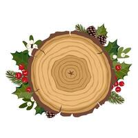 A cross-section of a fir tree with annual rings and a Christmas decoration. Cut down a tree with holly, mistletoe, branches and cones of a Christmas tree. Illustrated vector clipart.