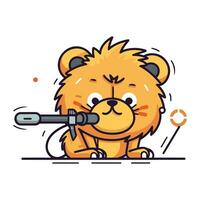 Cute little lion with screwdriver. Vector illustration in cartoon style.