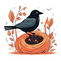 Hand drawn vector illustration of a black crow sitting on a nest.