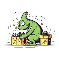 Funny green dragon with gift boxes. Vector hand drawn illustration.