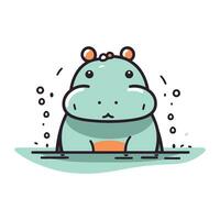 Cute hippopotamus in water. Vector illustration in doodle style