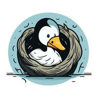 Cute penguin in the nest. Vector illustration. Cartoon style.