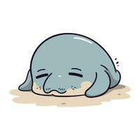 Cute cartoon baby seal sleeping on the sand. Vector illustration.