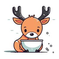 Cute reindeer with a bowl of water. Vector illustration.