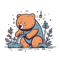 Hand drawn vector illustration of cute cartoon bear sitting on the ground in the forest.