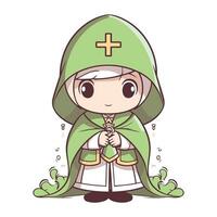 Cute little boy dressed in a green gnome costume. Vector illustration.